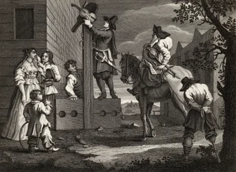 Hudibras prowadzący Crowdero w triumfie, z "Hudibrasa" Samuela Butlera (1612-80) wygrawerowanego przez J. Romneya, z "Dzieł Williama Hogartha", opublikowanych w 1833 r. (litografia).