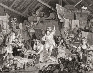 Spacerujący gracze próbujący w stodole, grawerowane przez G Presbury, z The Works of Hogarth opublikowanej w Londynie 1833 (czarno-czarny grawerunek)