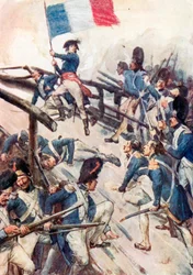 "Chwytając flagę, sam poprowadził swoich ludzi przez most" (kolorowa litografia)