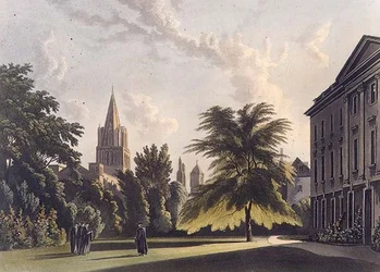 Na zewnątrz Corpus Christi College i Christ Church Cathedral, ilustracja z „Historii Oksfordu”, grawerowana przez Josepha Constantine