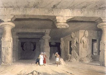 Wnętrze Wielkiej Świątyni Jaskiniowej Elephanta koło Bombaju, w 1803 r., z tomu II „Sceneria, kostiumy i architektura Indii”, ryt. J. Baily, wyd. autorstwa Smith, Elder and Company