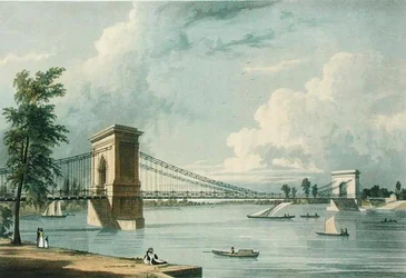 Most wiszący, Hammersmith, z „Mikrokosmosu Londynu” Ackermanna, grawerowane przez J. Baily