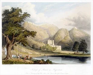 Forteca Bowrie w Rajpootanie, narysowana przez kapitana Charlesa Aubera z Departamentu Generalnego Kwartału na Cejlonie, z tomu I „Sceneria, kostiumy i architektura”, rycina Charles Bentley (1806-54) wyd. autorstwa Smith, Elder and Company