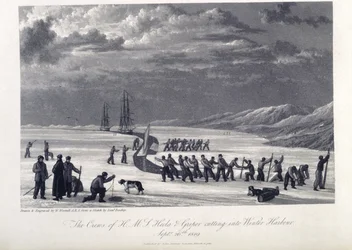Załoga H.M.S. Hecla i Griper wpadają do zimowego portu, 26 września 1819, ilustracja z „Journal of a Voyage for the Discovery of North-West Passage z Atlantyku na Pacyfik…”