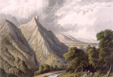 Widok w Bore Ghaut, wygrawerowany przez T. Fieldinga i pokolorowany przez J.B. Hogarth