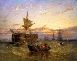 Brytyjski wschodnioindyjski statek handlowy na Tamizie (Anglia). Olej na płótnie autorstwa Williama Adolphusa Knella (1802-1875).