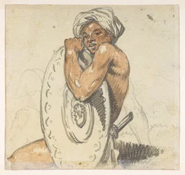 29v Młody człowiek z tarczą.  z albumu 372 rysunków pejzaży, wybrzeży, strojów i życia codziennego wykonanych podczas ambasady Lorda Macartneya u cesarza Chin w latach 1792-1794 (ołówek i akwarela na papierze)