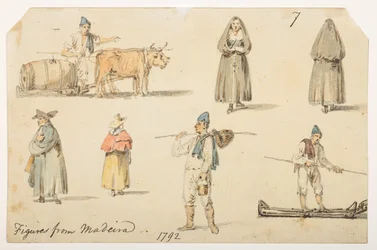7’ Figurki z Madiera. 1792.”  z albumu 372 rysunków pejzaży, wybrzeży, strojów i życia codziennego wykonanych podczas ambasady Lorda Macartneya u cesarza Chin w latach 1792-1794 (ołówek i akwarela na papierze)