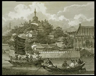 Widok na ogrody pałacu cesarskiego, Pekin, detal, grawerowany przez Samuela Smitha, wyd. przez G. Nicol, 1796