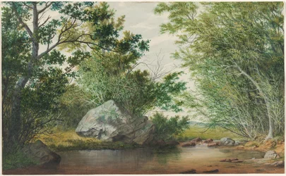 Krajobraz z zalesionym strumieniem i głazem, ok. 1900 r. 1880.
