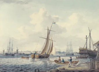Widok Greenwich i Deptford przedstawiający Royal Naval College i Royal Dockyard, 1789 (wc)
