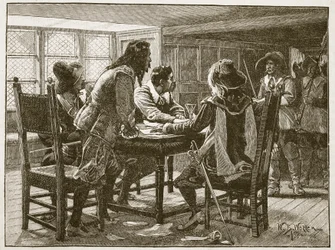 Aresztowanie konspiratorów u Syrenki, ilustracja z „Ilustrowanej historii Anglii Cassella” (zdjęcie w sepii)