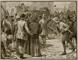 Atak na Sir Charlesa Wetherella w Bristolu, ilustracja z „Ilustrowanej historii Anglii Cassella” (zdjęcie w sepii)