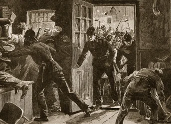 Starcie w Ennis między członkami National League a policją, 1886, ilustracja z „Cassell