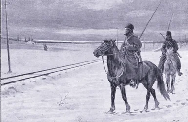 Na straży linii kolejowej w pobliżu Mukden, ilustracja z Historii wojny rosyjsko-japońskiej Cassells t. 1, ok. 1900