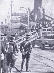 Japońskie wojska wkraczające do Kobe, ilustracja z Cassells History of the rosyjsko-japońskiej wojny t. 1, ok. 1900