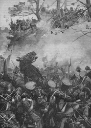 Francuzi rzucili się do przodu z triumfalnymi wrzaskami i strzelaniem w pustą drogę, 1902