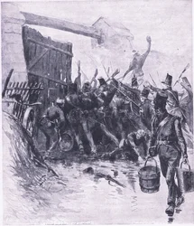 Atak na La Haye Sainte, ilustracja z brytyjskich bitew na lądzie i morzu, 1915