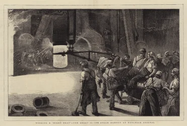 Praca w nocy, wielki 35-tonowy młot parowy w Woolwich Arsenal