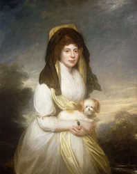 Portret królowej Charlotty, długości 3/4, w białej sukni, żółtym szalu i czarnej mantyli, trzymającej maltańskiego psa, na terenie Frogmore House,