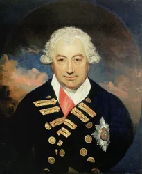 Portret kontradmirała Sir Johna Jervisa (1735-1823), pierwszego hrabiego Saint Vincent, noszącego wstęgę Orderu Łaźni, dowodzącego brytyjską flotą śródziemnomorską w 1795 i 1797 r., u boku Horatio Nelsona (1758-1805), odprawiającego hiszpańską flotę u wybr