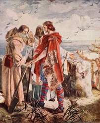 Egfrith ofiarowuje Cuthbertowi biskupstwo Hexham, 678, ilustracja z „Hutchinson