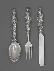 Zestaw dziecięcych sztućców (nóż, widelec i łyżka), ok. 1900 r. 1865-1874 (srebrny)