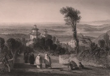 Widok z Sacro Monte (Święta Góra) w Varese, Lombardia, Włochy, staloryt T. Willmore