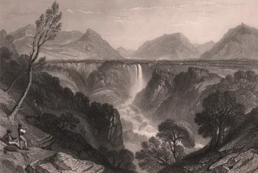 Widok wodospadu Marmore (Cascata delle Marmore) w pobliżu Terni, Umbria, Włochy, staloryt Jamesa Tibbittsa Willmore