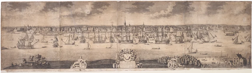 A South Prospect of Ye Kwitnące Miasto Nowy Jork w prowincji Nowy Jork w Ameryce, grawerowane przez Johna Harrisa, 1717-18