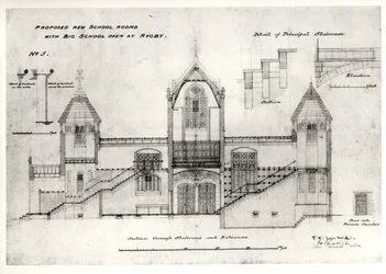 Szczegóły wejść, schodów, drzwi komory pieca i poręczy (New Big School), Rugby School, 1844 (czarny tusz, ołówek i toaleta)