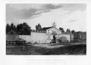 Zewnętrzny widok Astleys Amphitheater w Londynie, tak jak wyglądał w 1777, 1840