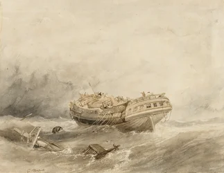 Statek handlowy wykoleja się w ciszy następującej po burzy. Akwarela (34,4x44,5 cm) autorstwa Clarksona Stanfielda (1793-1867)