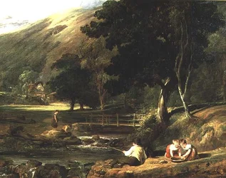 Borrowdale, Cumberland, z dziećmi bawiącymi się przy strumieniu
