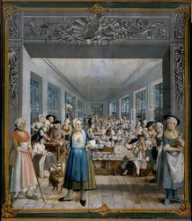 Indyjska fabryka tkanin braci Wetter: warsztat robotniczy Obraz Josepha Gabriela Rossettiego (XVIII wiek). 1764 Orange, Musee Municipal - Manufaktura indyjskiej tkaniny braci Wetterów: warsztat żeński. Obraz Josepha Gabriela Ross