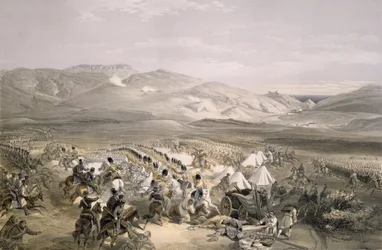 Szarża Brygady Ciężkiej Kawalerii w bitwie pod Balaclava 25 października 1854 r., rycina E. Walker, wyd. 1855