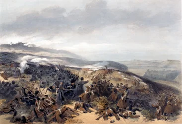 Druga szarża gwardii, gdy odzyskali baterię dwóch dział w bitwie pod Inkerman, grawerowaną przez Edmonda Morina (1824-82) z The Seat of War in the East - First Series, opublikowanej przez Colnaghi und
