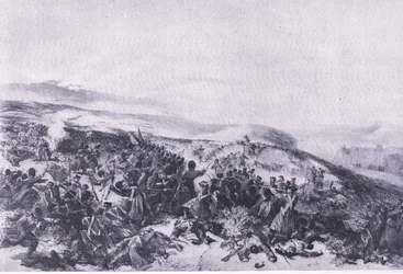Drugi atak Gwardii, gdy odbili dwie baterie dział w bitwie pod Inkerman, ilustracja z brytyjskich bitew lądowych i morskich, 1915