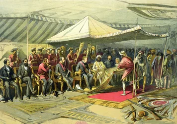 Wizyta powrotna wicekróla u maharadży Cashmere, 1863 (chromolitho)