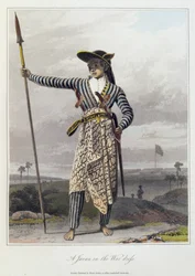 Jawan w stroju wojennym, pl. 5 z tomu I „Historii Jawy” Thomasa Stamforda Rafflesa (1781-1826) wyd. 1817 (kolorowa akwatinta)