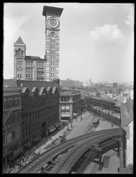Widok z góry na skrzyżowanie Flatbush Avenue i Fulton Street, Brooklyn, Nowy Jork, 5 września 1914