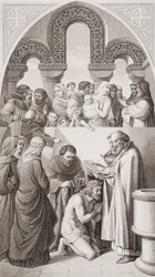 Chrzest króla Ethelberta (ok. 552-616) z Kentu przez św. Augustyna w Canterbury w 597, z „Illustrations of English and Scottish History” Tom I