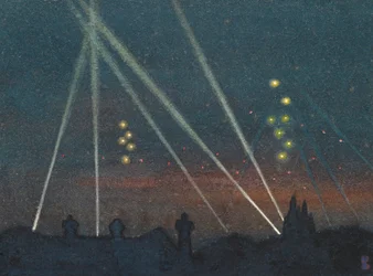 Reflektory podczas nalotu bombowego (akwarela na papierze)