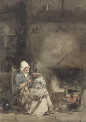 Зуухны дэргэдэх эмэгтэй хүүхэд, 1842 (цаасан дээрх бал чулуун дээр суултуур)поли