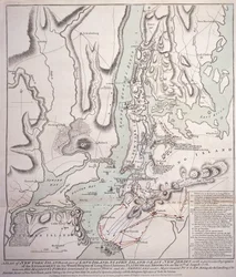 Plan wyspy Nowy Jork z częścią Long Island, Staten Island i East New Jersey oraz walką na Woody Heights of Long Island między siłami brytyjskimi, pod dowództwem generała Sir Williama Howe