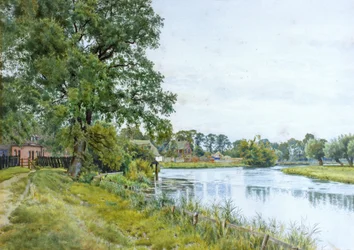 Na rzece Ouse w Hemingford Grey, z dworem w oddali