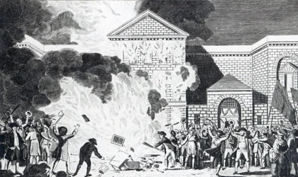 Zniszczenia spowodowane przez zamieszki w Londynie, które spowodowały ostrzelanie Nowego Więzienia Newgate i spalenie mebli pana Akermana, 6 czerwca 1780 r., ryc. T. Thornton