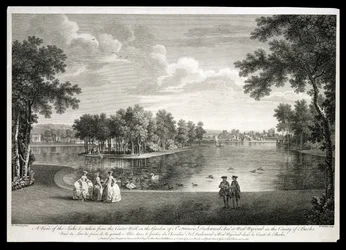 Widok na jezioro z centrum Spacer po ogrodzie w West Wycombe, Buckinghamshire, grawerowane przez Williama Woolletta (1735-85)