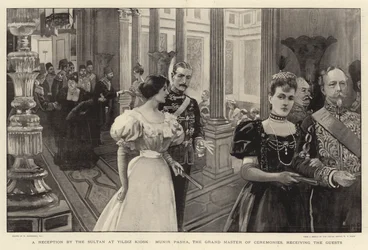 Przyjęcie przez sułtana w kiosku Yildiz, wielkiego mistrza ceremonii Munira Paszy, przyjmującego Gości