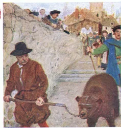 Shakespeare obserwuje niedźwiedzia w drodze do Bear Garden w Bankside, z My Magazine, pub.1922